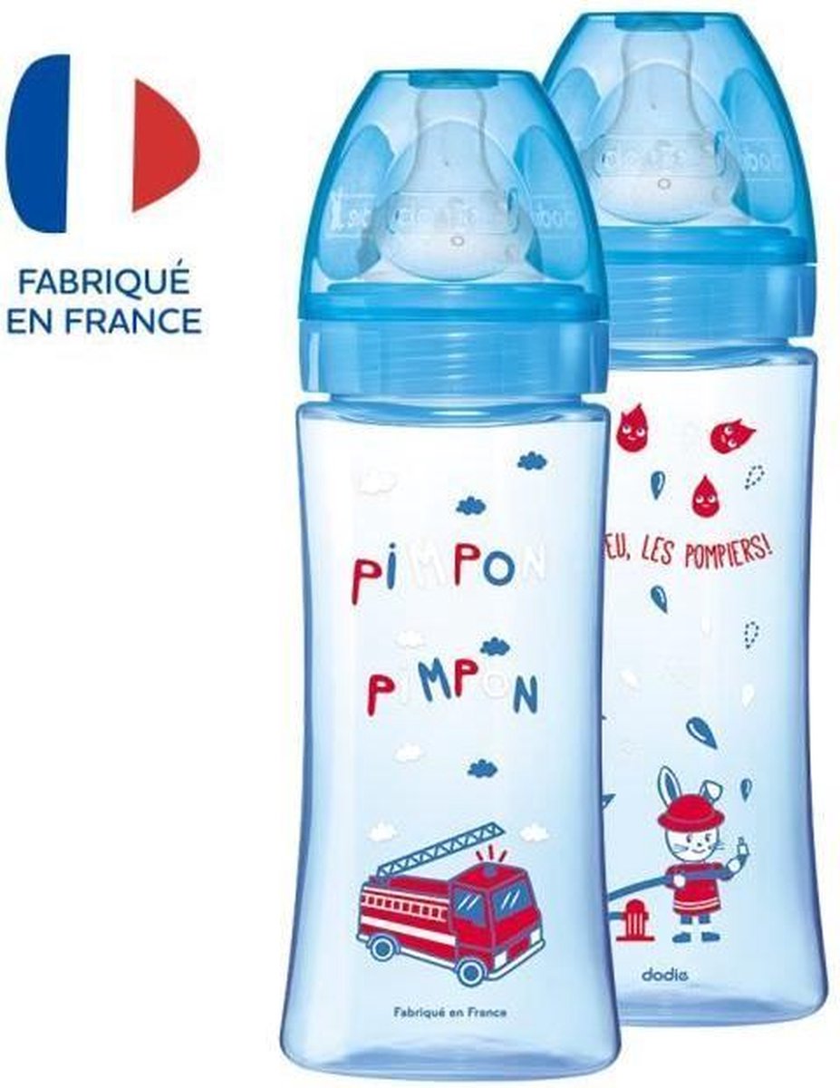 DODIE Lot van 2 anti-koliek flessen Initiation + - 330ml - BLAUWE BRANDWEER - ronde spenen 3 snelheden stroom 3