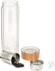 ZijTak - Originele drinkfles - Waterfles -  Glas - Bamboe deksel - Transparant - 450 ml - Theefilter - Filter - Glazen fles