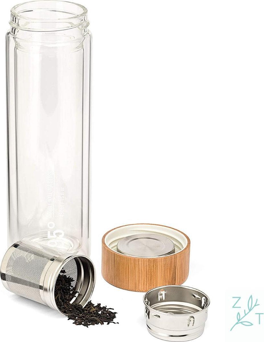 ZijTak - Originele drinkfles - Waterfles -  Glas - Bamboe deksel - Transparant - 450 ml - Theefilter - Filter - Glazen fles