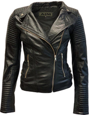 Zwarte leren bikerjack dames - Barcelona- 100% echt leer - Zwart - XL