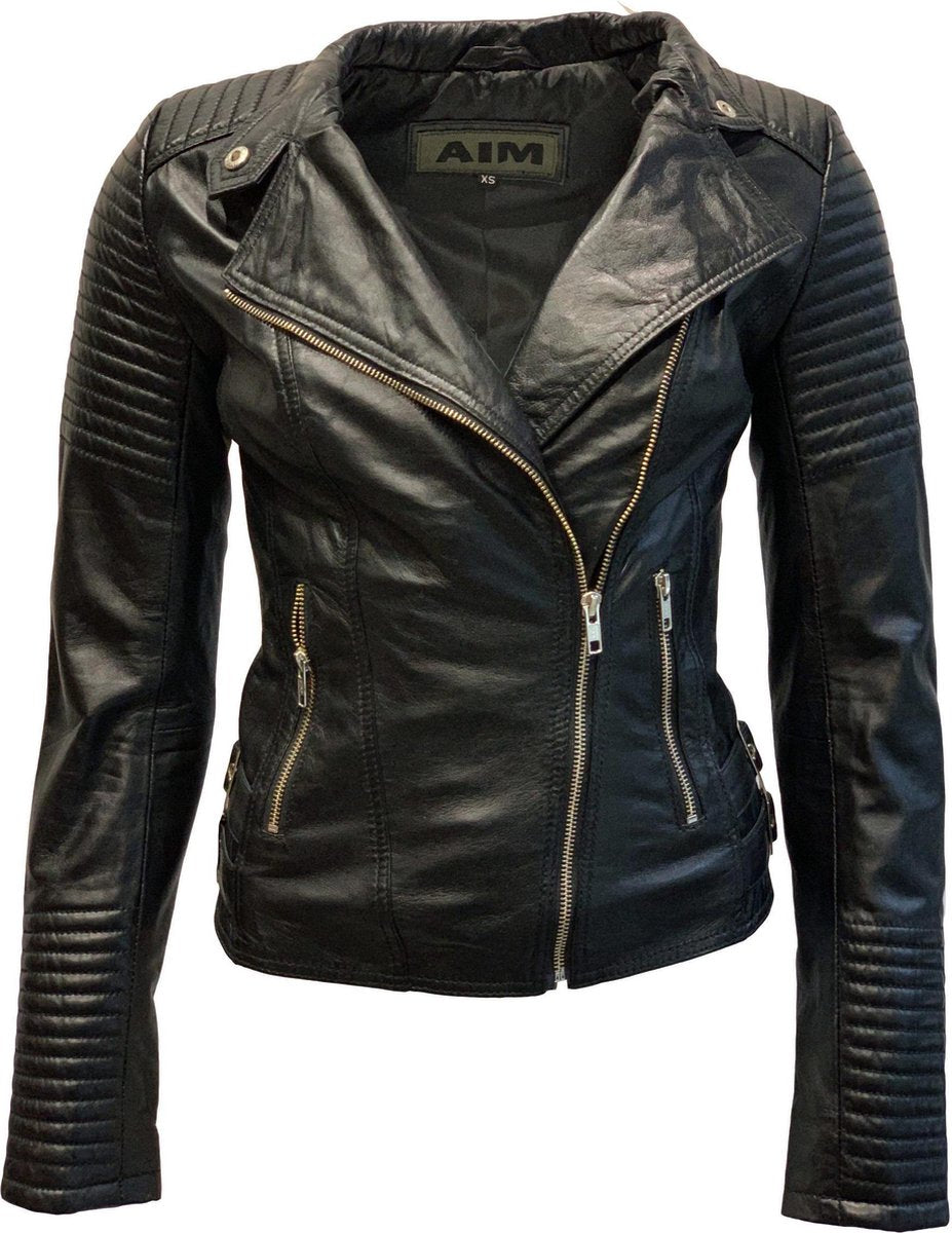 Zwarte leren bikerjack dames - Barcelona- 100% echt leer - Zwart - XL