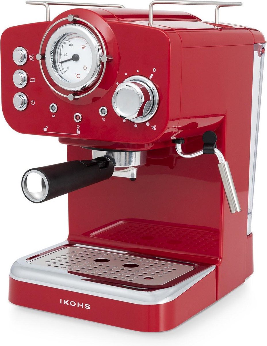 IKOHS Retro Espressomachine – Retro koffiezetapparaat – Rood - Twee koffiearmen - Cappuccinoapparaat