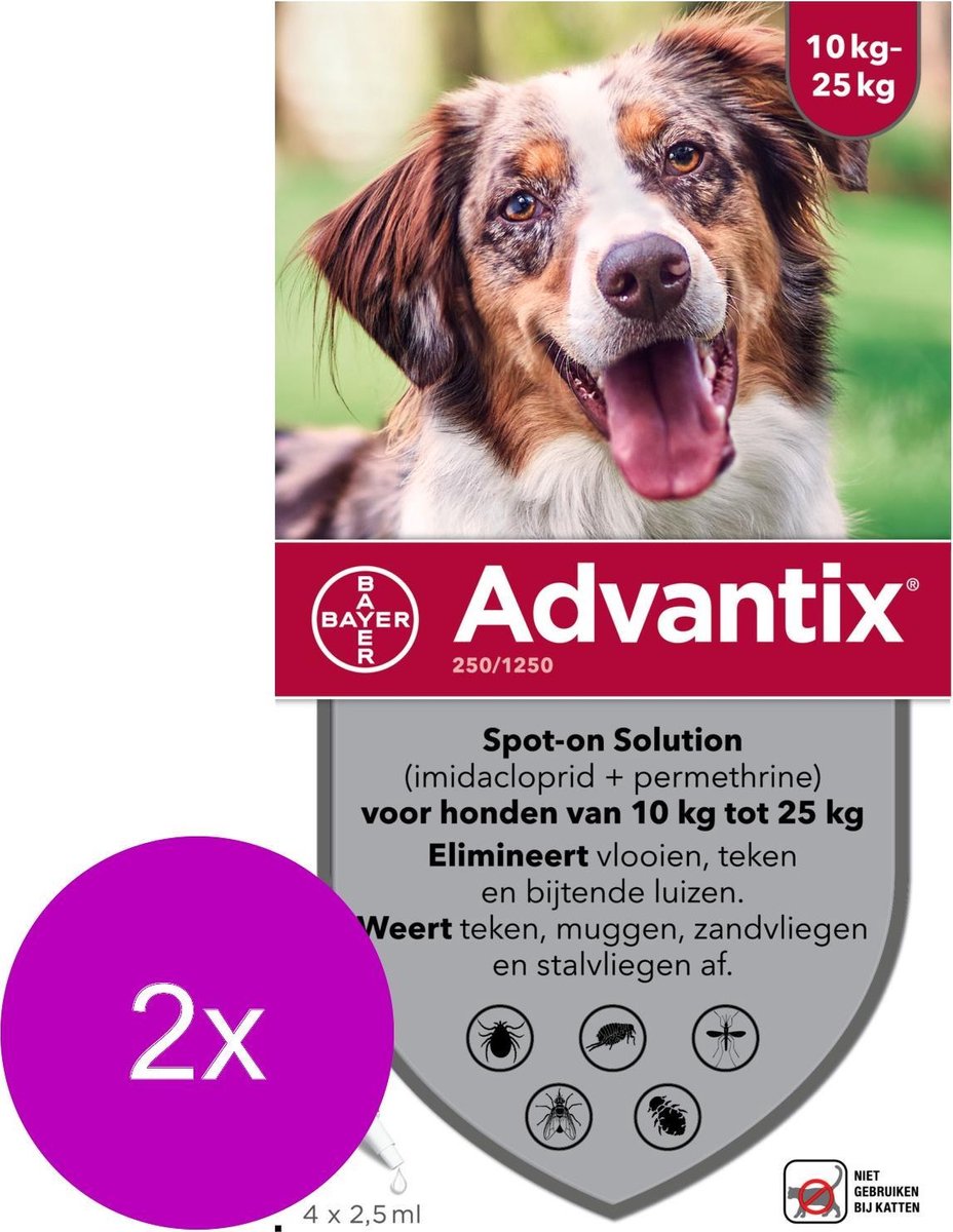 Bayer Advantix Vlooien & Teken Pipetten - Hond 10 tot 25kg - 2 x 4 stuks