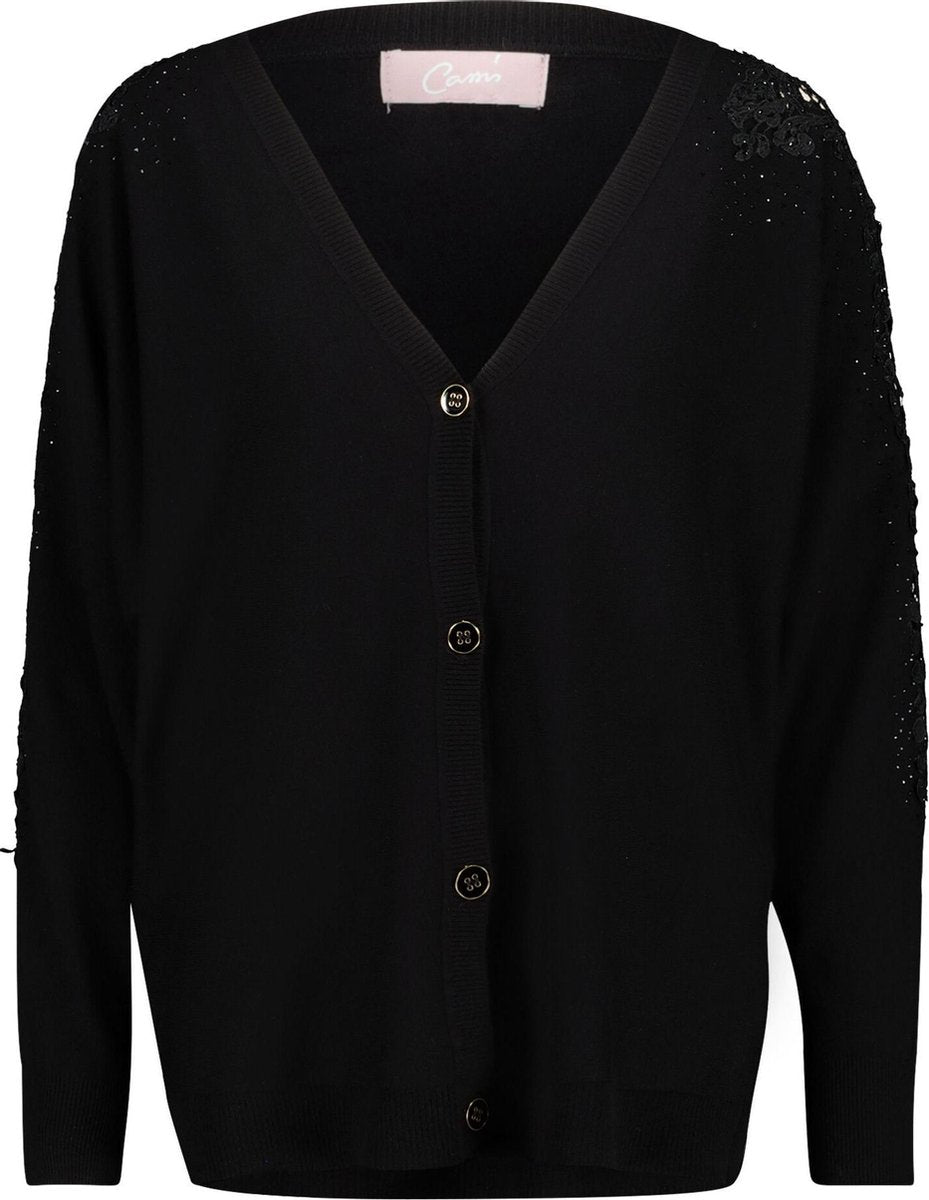 Cassis - Cardigan met kantmouwen en strassteentjes - Zwart