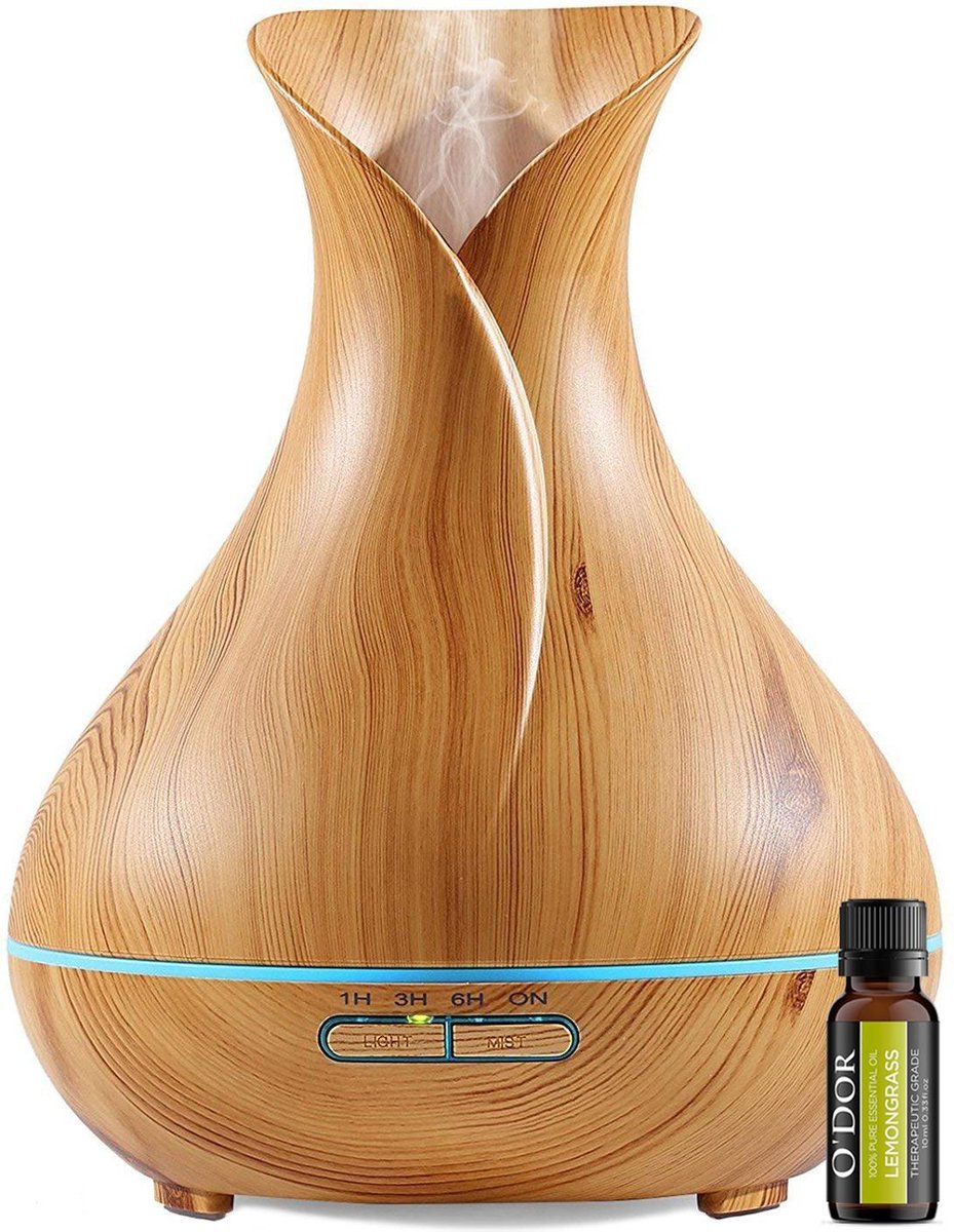 O'dor® Aroma Cool Mist Diffuser Luchtbevochtiger 400ml met EXTRA Lemongrass Olie Etherische Olie Verdamper Vernevelaar en Luchtbevochtiger met sfeervolle LED verlichting