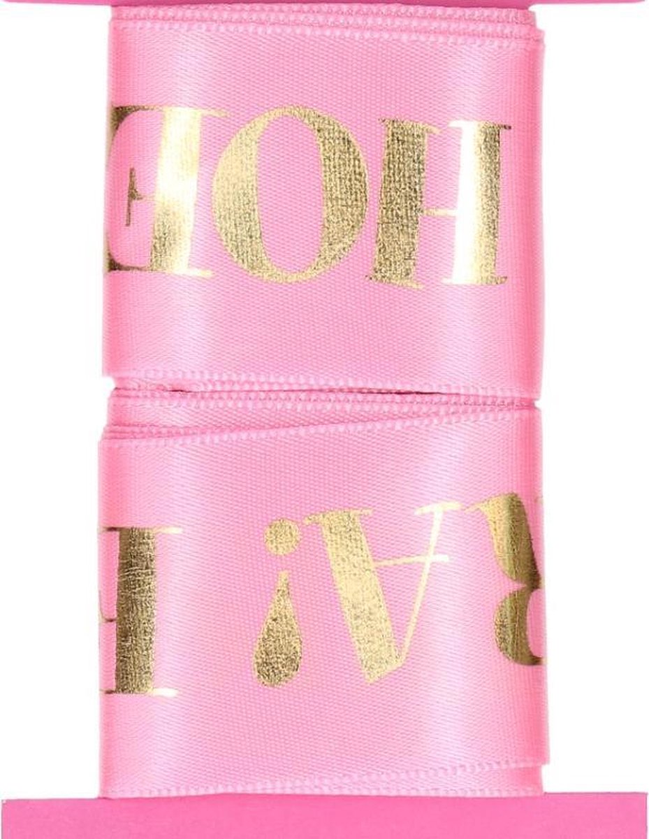 Lint “een meisje!” roze met goud 150 cm