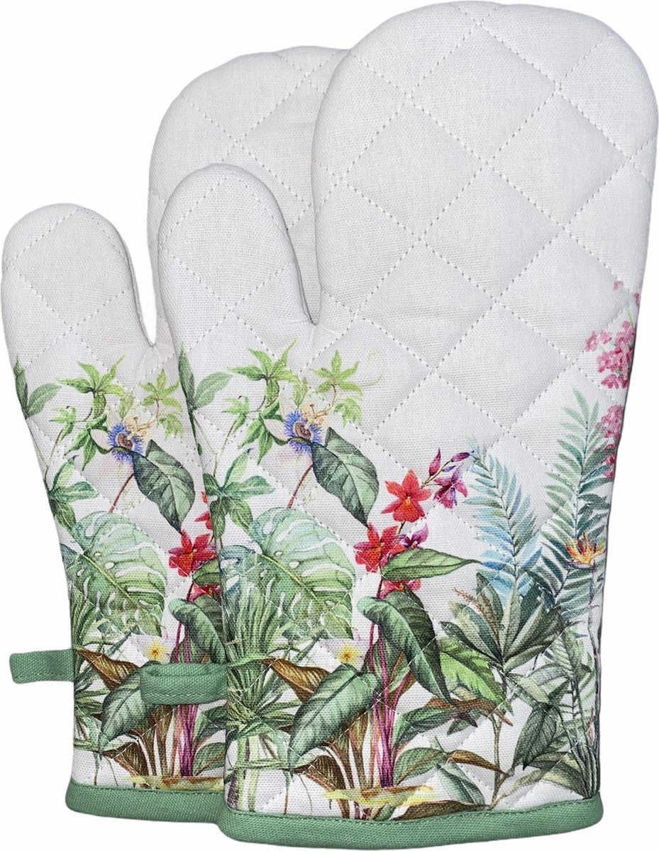 Ovenwanten 2 stuks | 100% Katoen | 30 x 15 CM | Ovenhandschoenen | Hittebestendig | Keuken | Koken | Planten | Bloemen | Grip | Groen | Wit | Geruit |