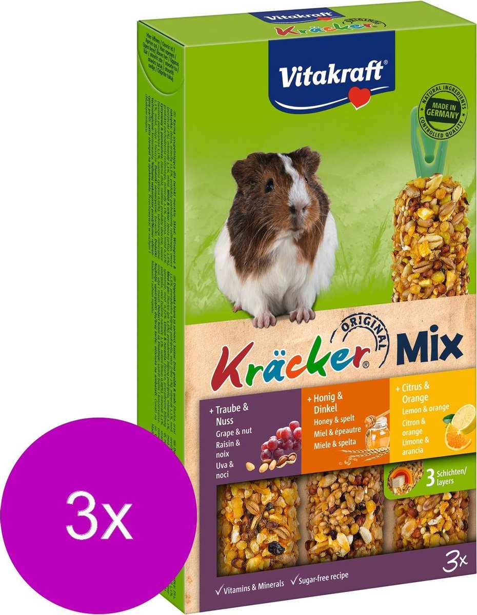 Vitakraft Cavia Kracker 3in1 - Knaagdiersnack - 3 x Honing&Popcorn&Active
