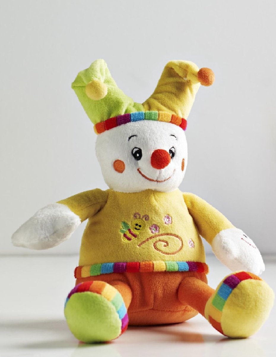 Knuffel Clown met Belletje in buik en Piepje in hand altijd vrolijk ! Stuur een vrolijke knuffel !