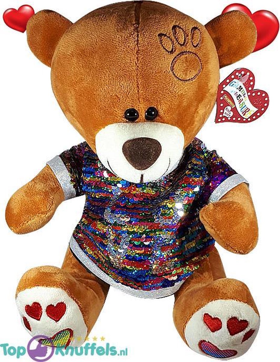 Bruine Teddybeer met disco glitter shirtje LOVE 32 cm | knuffelbeer pluche knuffel love beer | Ik Hou Van Jou - I Love You bear | Beertje met hart liefde | B beer met hartje 32cm | Valentijnsdag Cadeau Valentines day Gift | Valentijn kado vrouw man
