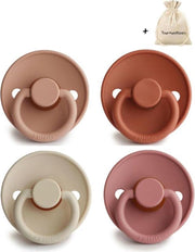 FRIGG | Fopspeen set 4 stuks | T2 | 6-18 maanden | Classic | Natuurrubber | Rose Gold + Rust + Sandstone + Powder Blush | Met YOURMUSTHAVES speenzakje