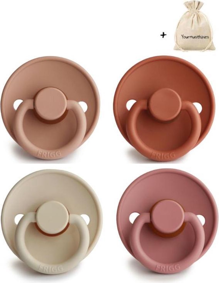 FRIGG | Fopspeen set 4 stuks | T2 | 6-18 maanden | Classic | Natuurrubber | Rose Gold + Rust + Sandstone + Powder Blush | Met YOURMUSTHAVES speenzakje