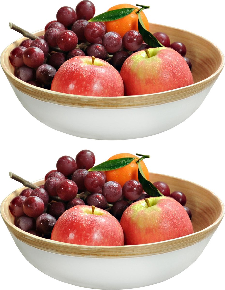 2x Bamboe houten/witte fruitschalen/serveerschalen 23 x 6 cm - Fruitschaal/fruitmanden - Broodmand/broodmanden - Serveerschaal