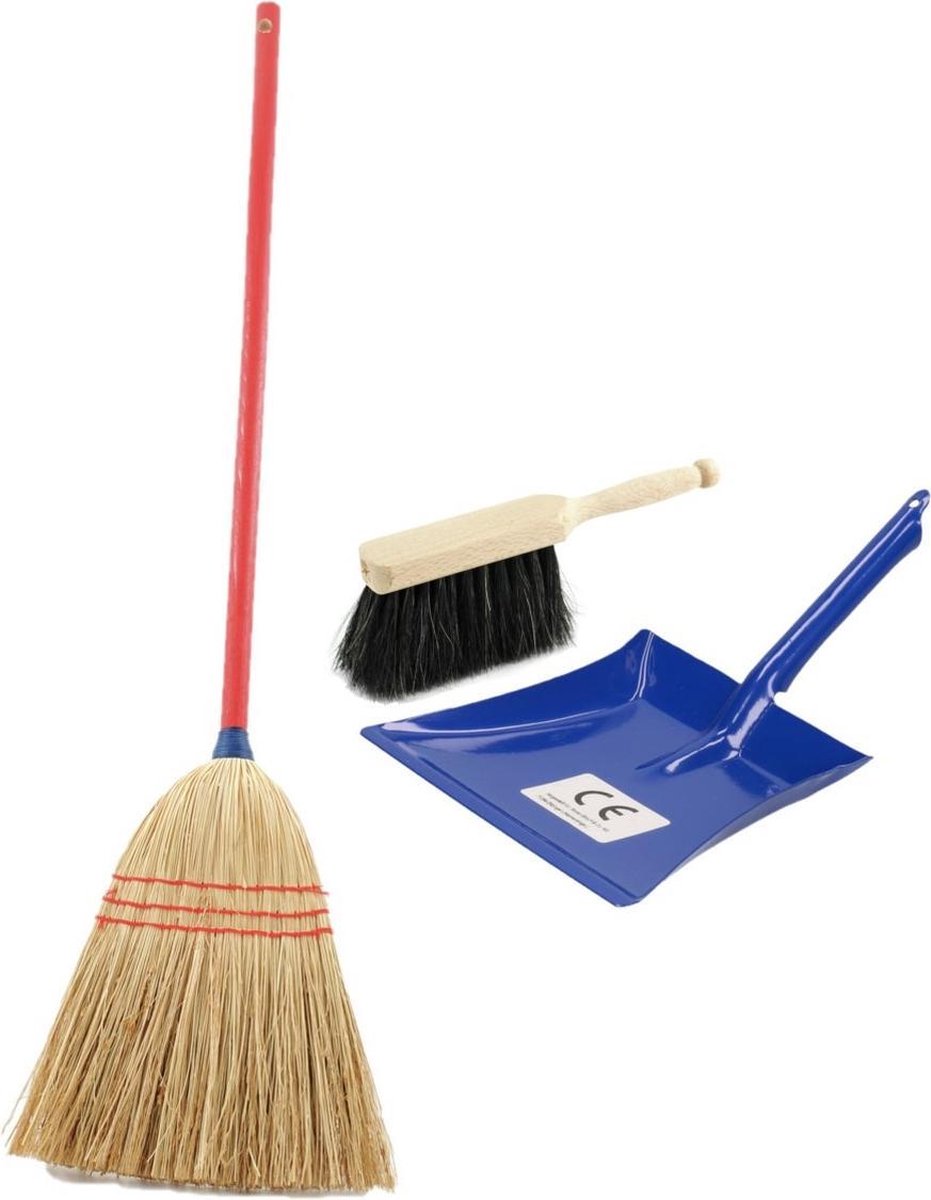 Kinder schoonmaak set 3-delig bestaande uit blauw stoffer en blik en strobezem 75 cm