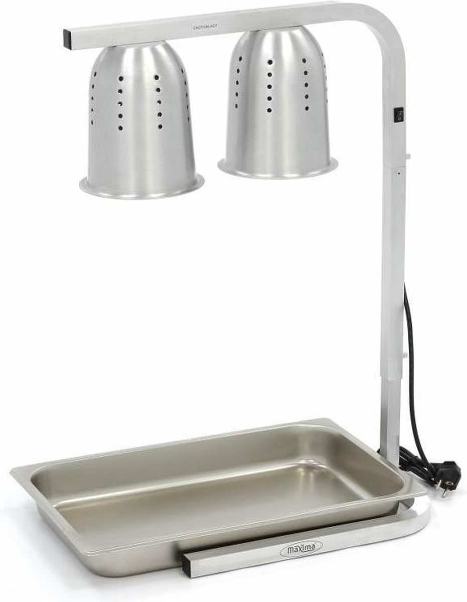 Warmhoudlamp Dubbel - Aluminium - met 1/1 GN Bak + 2 x 275W Lamp - Verstelbare Hoogte - Horeca Warmhoudbrug / Warmtelamp - Maxima