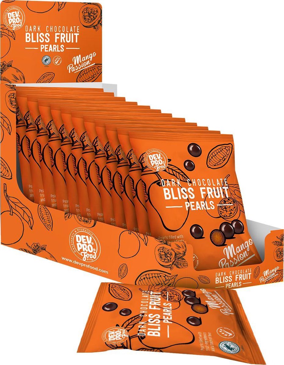 Dev. Pro. Chocolade Fruit Snack - echte mango passievrucht snack met pure chocolade - 12 zakjes van 40 gram - handige SRP verpakking