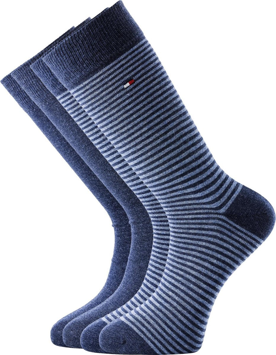 Tommy Hilfiger Small Stripe Socks (2-pack) - herensokken katoen - uni en gestreept - jeans blauw -  Maat: 43-46
