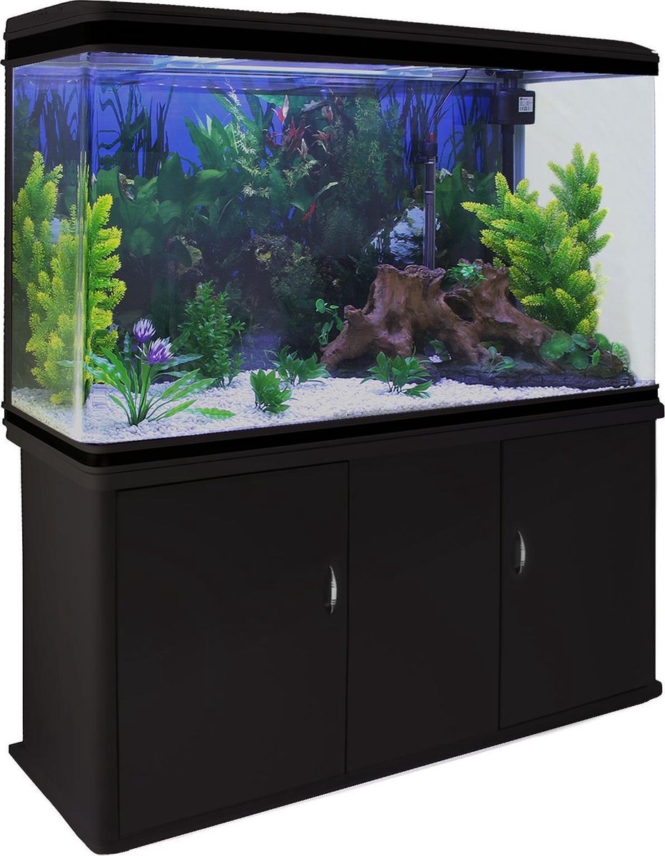 Aquarium Fish Tank & Cabinet with Complete Starter Kit - Black Tank & White Gravel