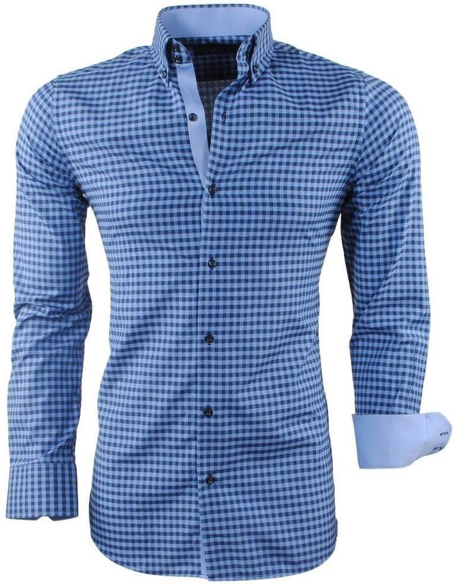 Montazinni - Heren Overhemd - Geblokt - Navy