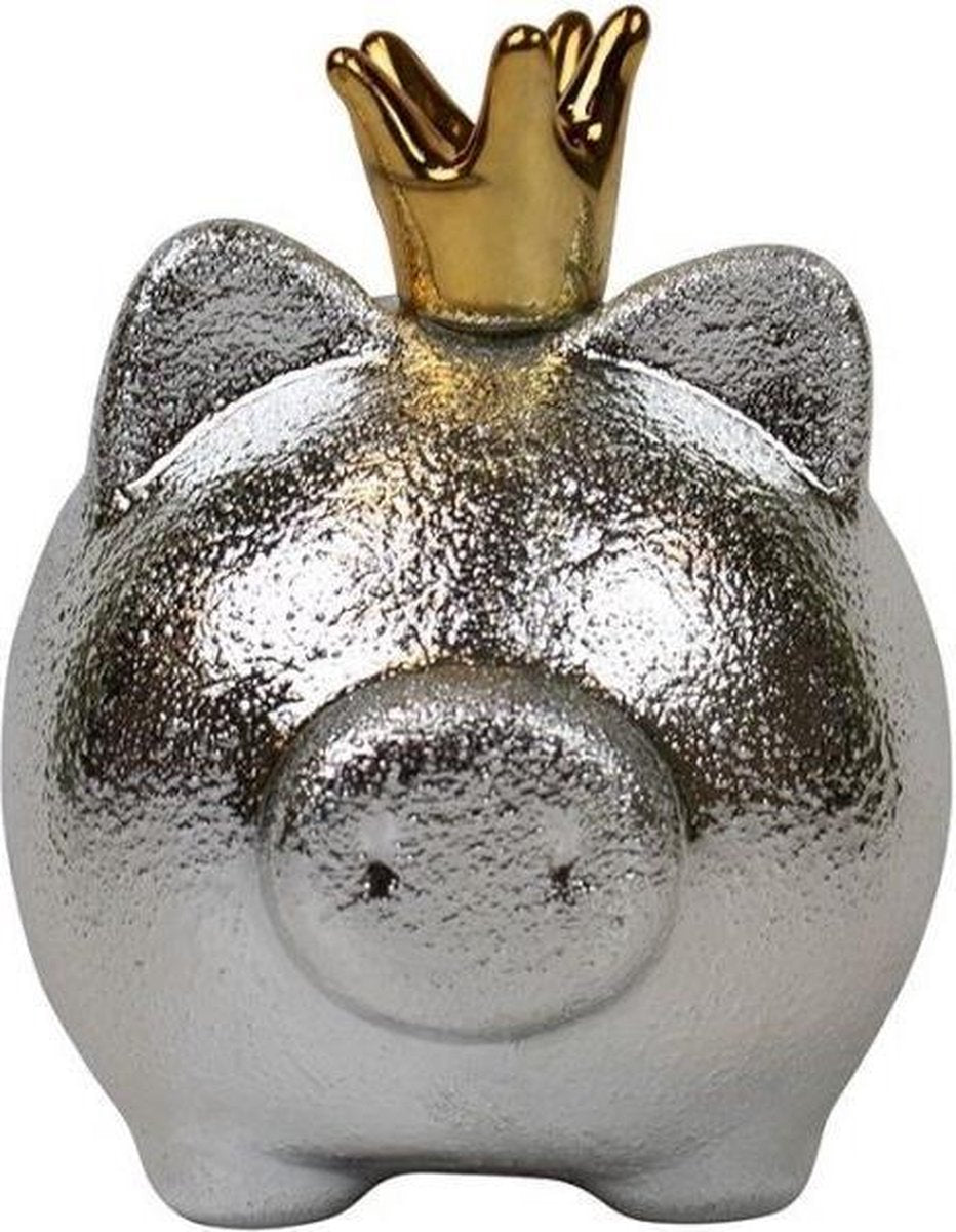 Zilverkleurige Spaarpot Varken met Gouden Kroon (10 cm)