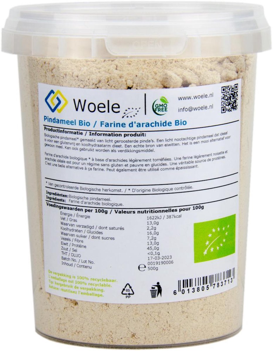 Pindameel fijn biologisch 500g GMO vrij alternatief voor meel