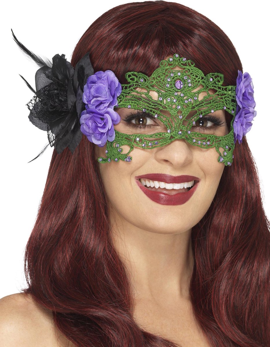 Groen kant masker met paarse en zwarte rozen voor vrouwen - Verkleedmasker