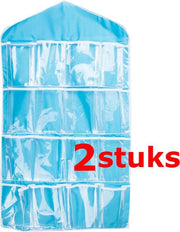 2 STUKS Ophangbare Opbergzak / Organizer met Ophanghaak | Multi Functionele Opbergzak voorzien van 16 Opbergvakken | Voor: Sieraden / Sokken / Ondergoed / Lingerie etc. | Kleding organizer | Handig Opbergen In uw Kledingkast | Kleur: BLAUW (2 Stuks)