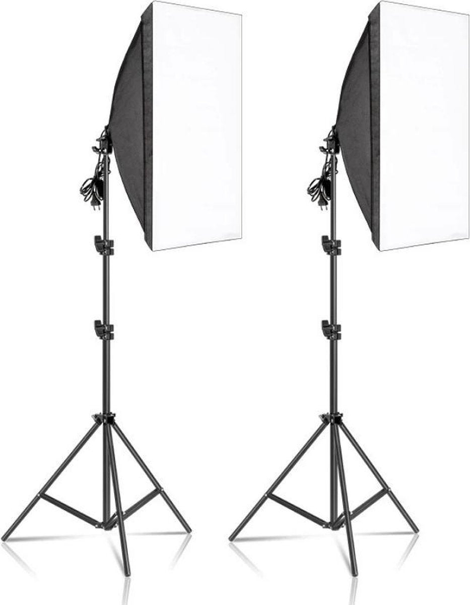 Grandecom® Pro Softbox Studiolamp Set - Met Statief - Diffuser - 20W LED Lampen - 50x70 cm - 200cm hoog - Zwart