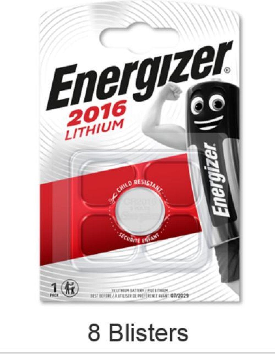 8 stuks (8 blisters a 1 stuk) Energizer CR2016 Lithium knoopcel 3V 90mAh Professional battery