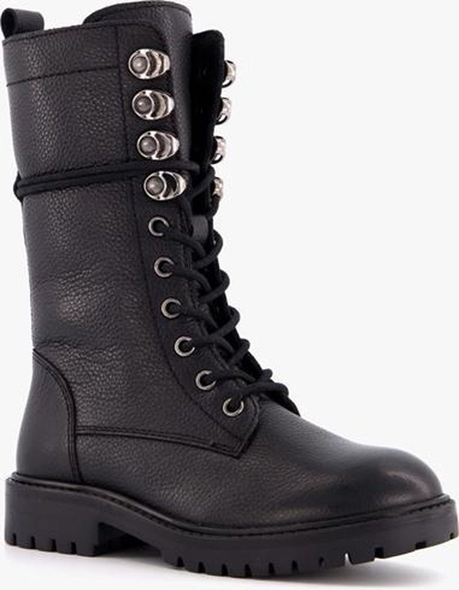 Groot leren meisjes veterboots hoog - Zwart - Maat 29