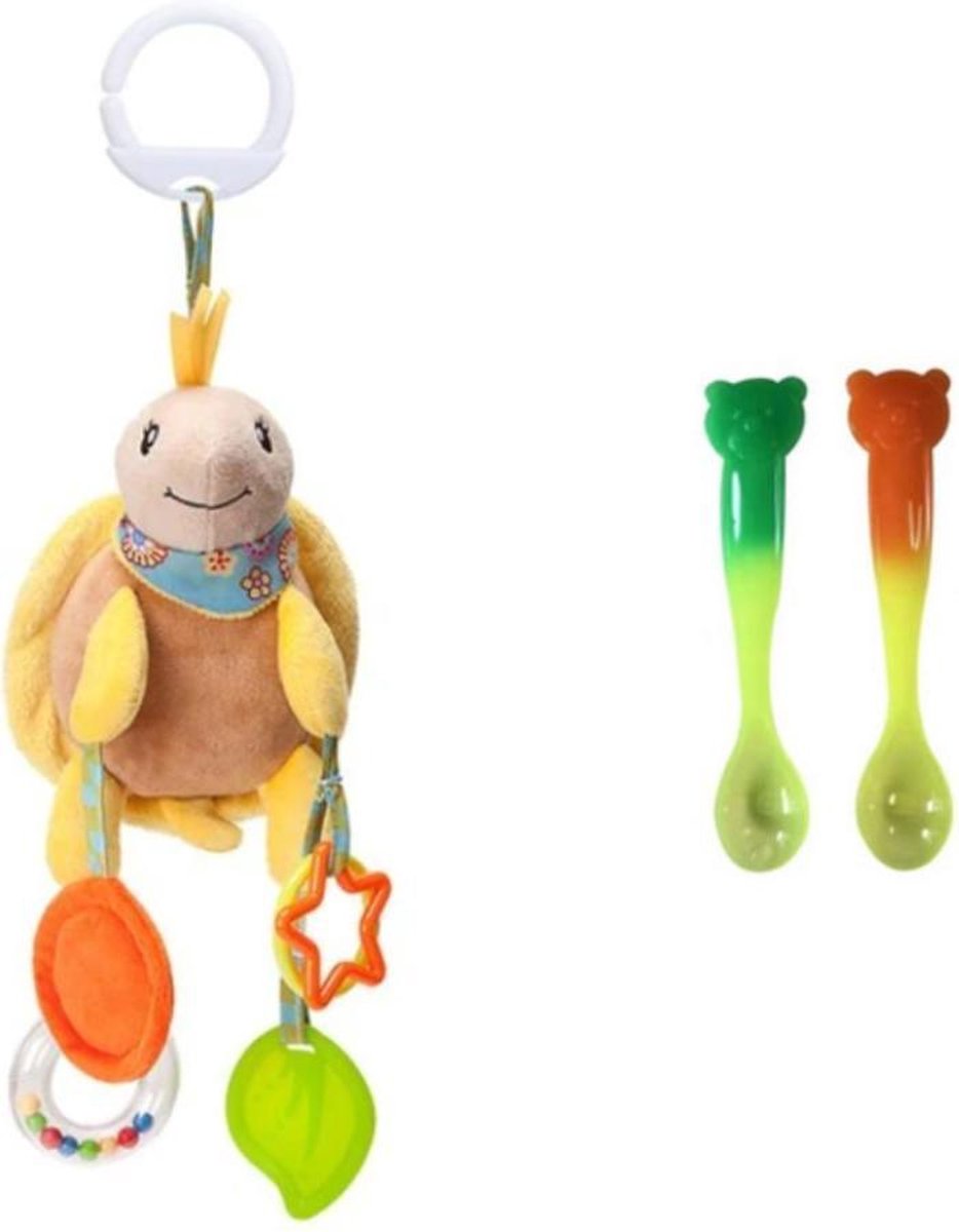 Zachte pluche knuffel in de vorm van een Schildpad (inclusief 2 warmtegevoelige babylepels cadeau!) - Bijtring - Baby speelgoed - Kraamcadeau - Ontwikkeling voor de baby - Baby knuffel