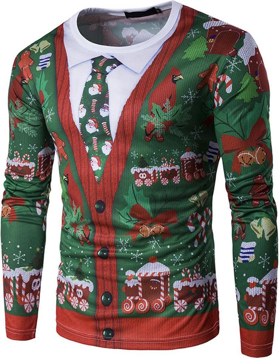 Foute 'kersttrui' - Shirt met 3D print van een vest en kerststropdas - maat L/XL - Kerst verkleedkleding heren