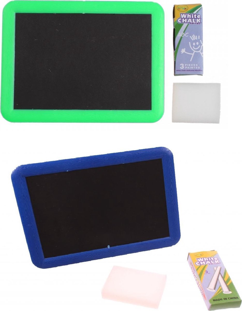 2 stuks krijtbord groen + blauw inclusief krijtjes en spons
