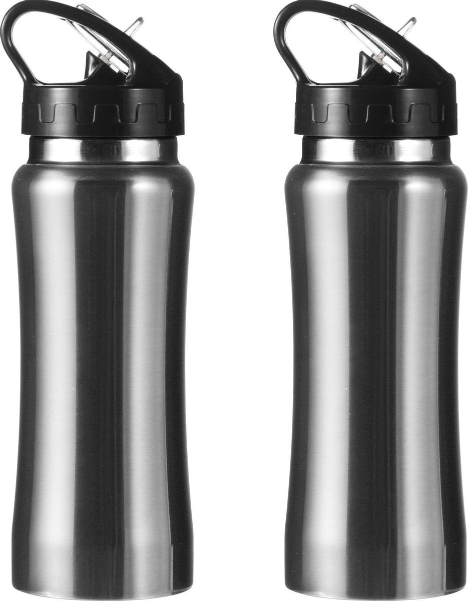 Set van 2x stuks drinkfles/waterfles 600 ml metallic zilver van RVS - Sport bidon waterflessen