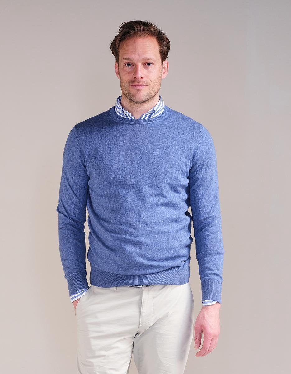 Steppin' Out Spring 2021 Trui Cotton Cashmere Crew Neck Mannen - Regular Fit - Katoen - Blauw (XL)