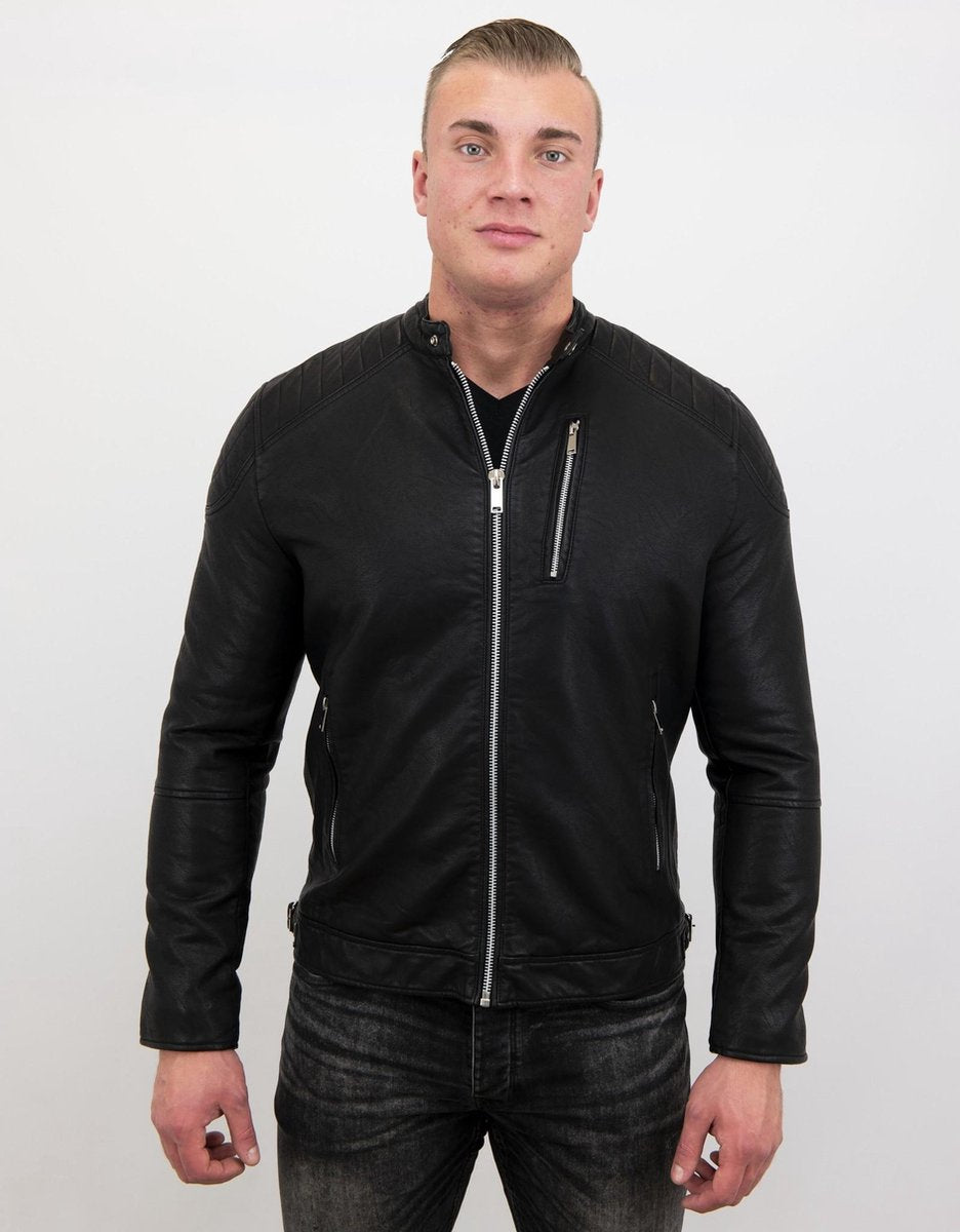 Enos Nep leren jas heren - Motor Jack - Zwart - Maten: L