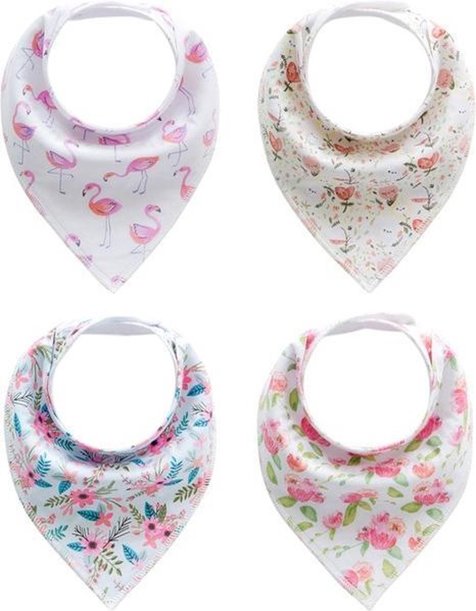 JillyBee - Slab - Slabbetje - Slabber - Bandana - 4pack - Bloemen - Flamingo - Roze - Wit - Paars - Geel - Groen