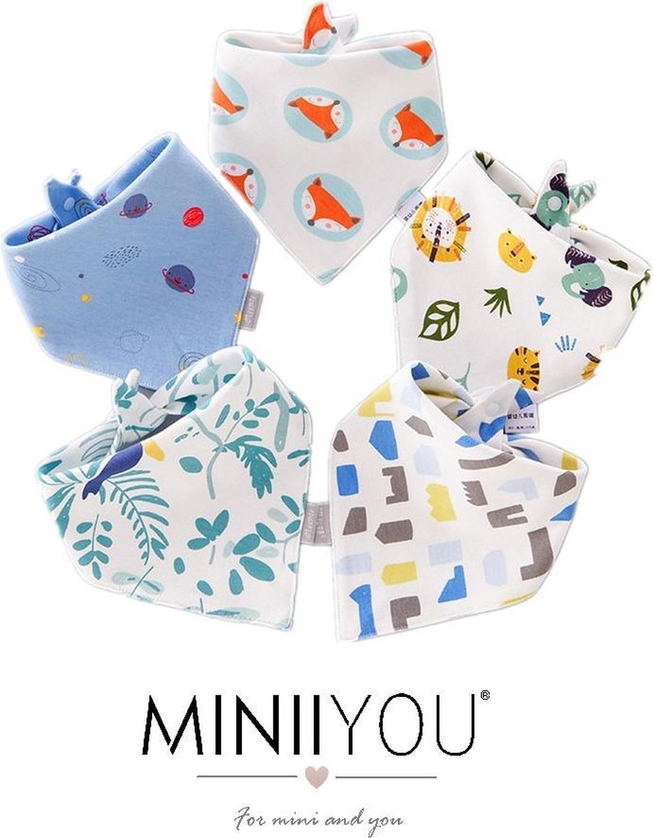5- pack - Bandana slabbetjes - leeuw vos - 2-laags Katoen - Puntslabbetjes - kwijlslabbetjes
