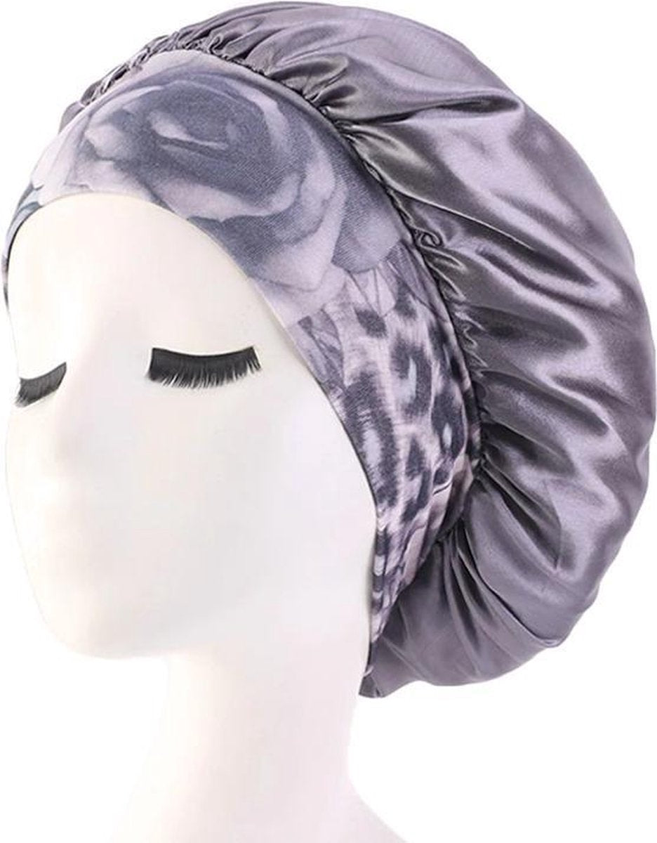 Bonnet Satijn XL|Slaapmuts Satijn|Hoofddeksel|Unisex|Cabantis|Bloemen Patroon Grijs