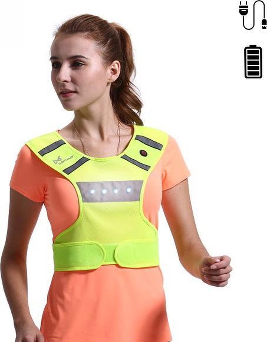 Wolfco LED Hardloopvest – Running Vest – LED – Fluohesje – Veiligheidshesje - Reflectievest – Geel – USB – Oplaadbaar – Hardloopaccessoires – Verlichting – Maat S/M/L