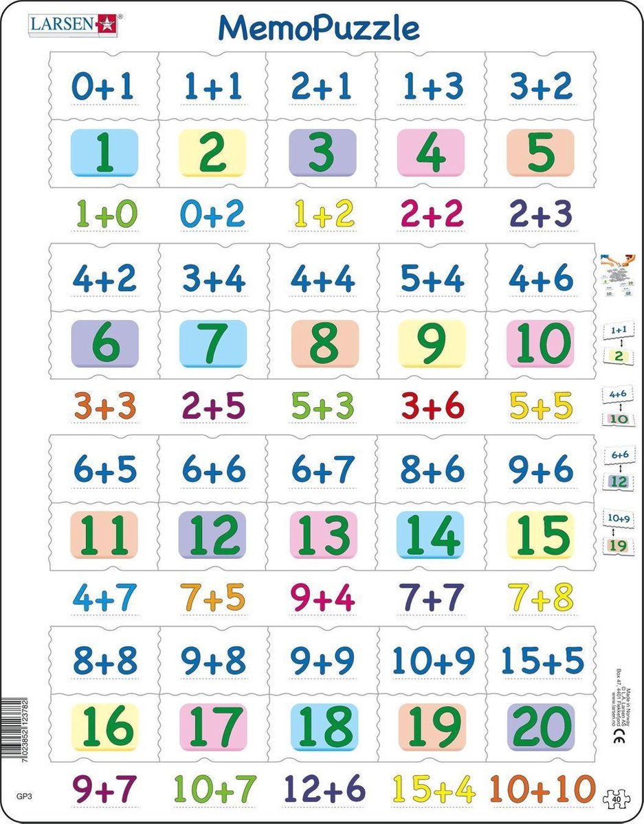 Puzzel Maxi Memopuzzel - Optellen met cijfers van 0-20 - 40 stukjes