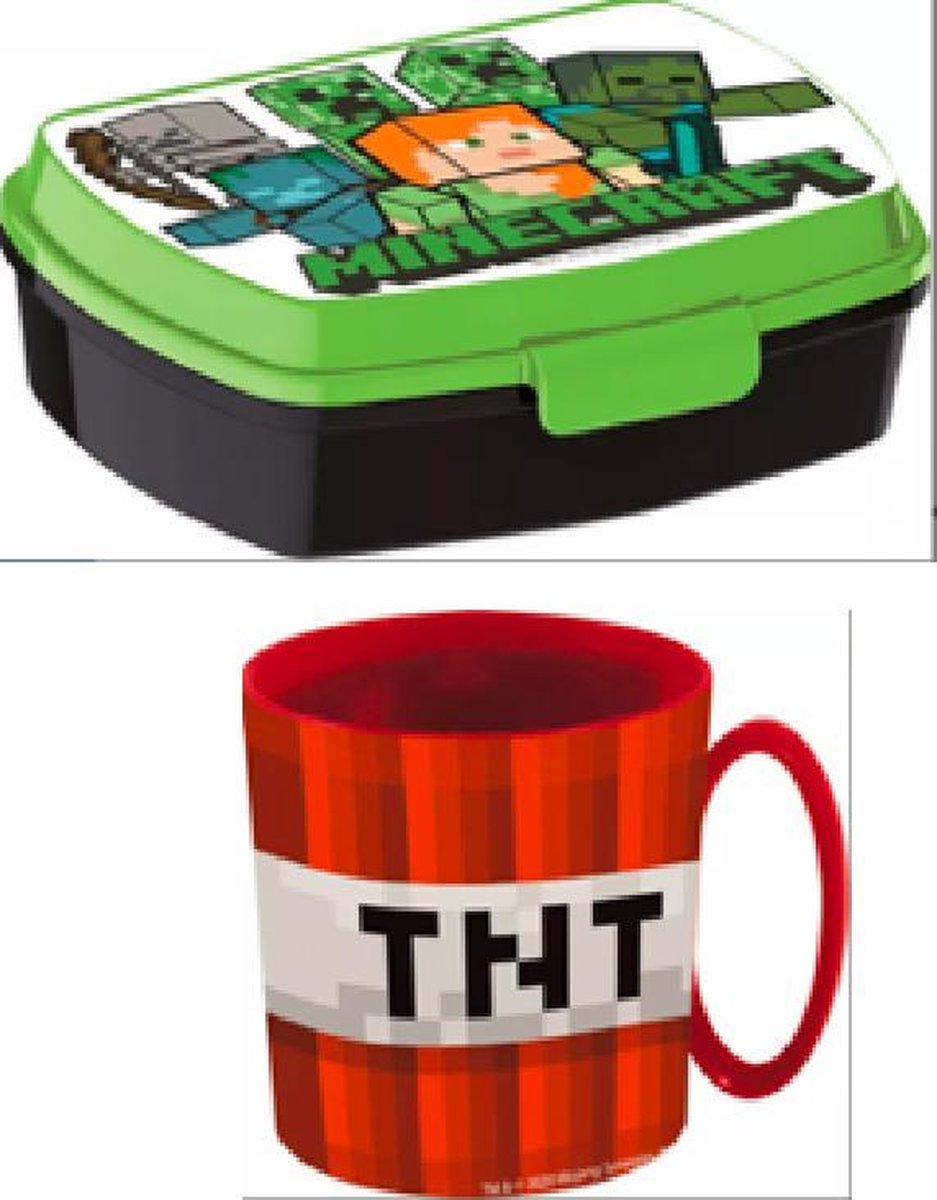 Minecraft brooddoos (17 cm - 13 cm - 6 cm) + drinkbeker TNT - Rood - (9 cm hoog - 350 ml)