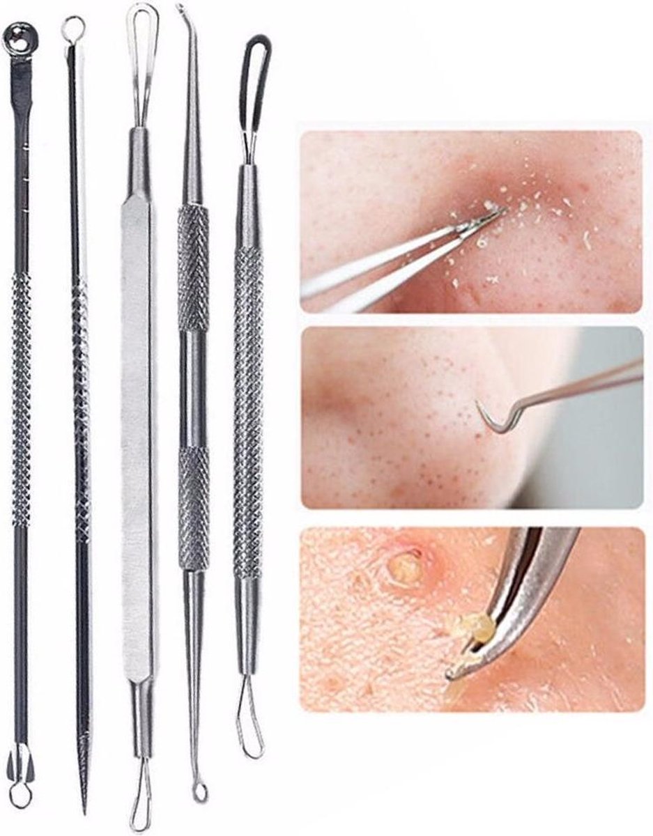 Dubbele kop Acne Extractor Remover Gereedschap Kit - RVS - Meeëter Puistje Naalden - Gezicht Schoon Tool