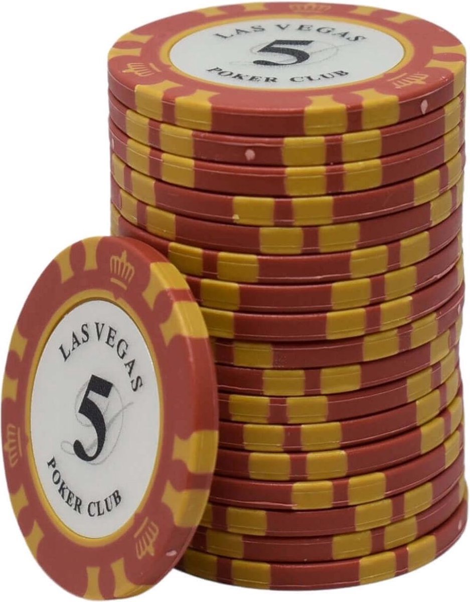 Las Vegas poker club clay chips 5 rood (25 stuks)