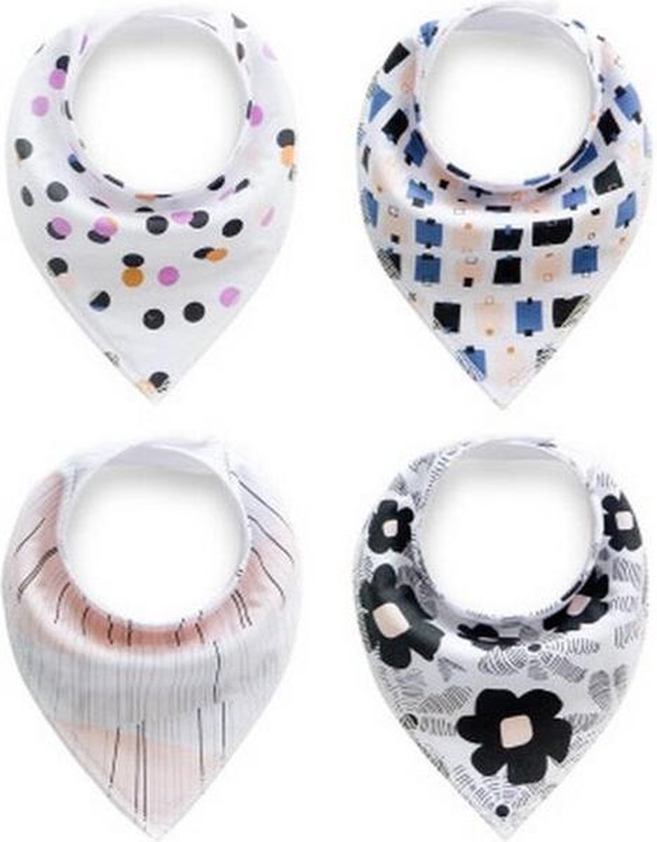 JillyBee - Slab - Slabbetje - Slabber - Bandana - 4pack - Bloemen - Stippen - Roze - Zwart - Blauw
