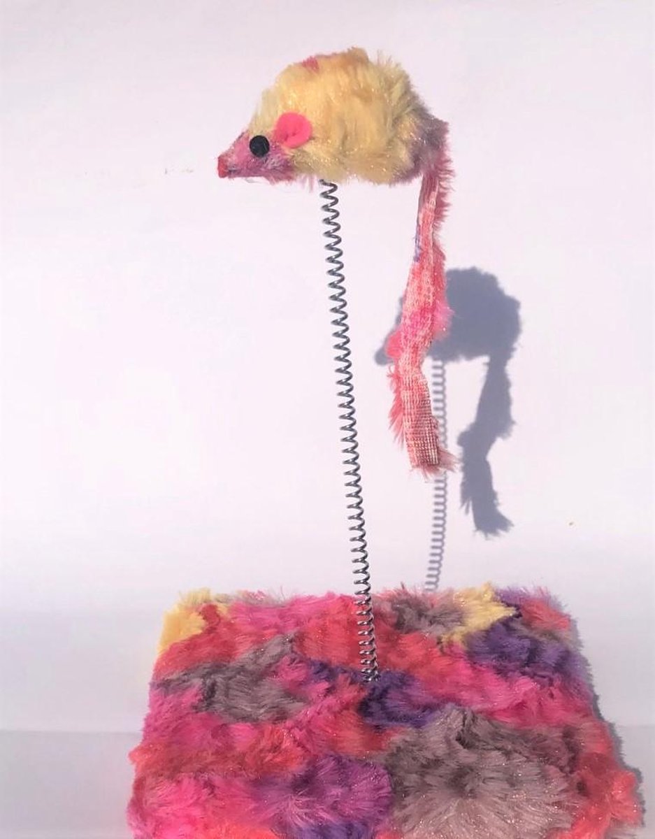 Kat - Katten speelgoed - Kattenspeeltoren -Harig Plankje en muis - Muis op stick -  Plankje 15x15 cm - Cat Gym Center - Pink