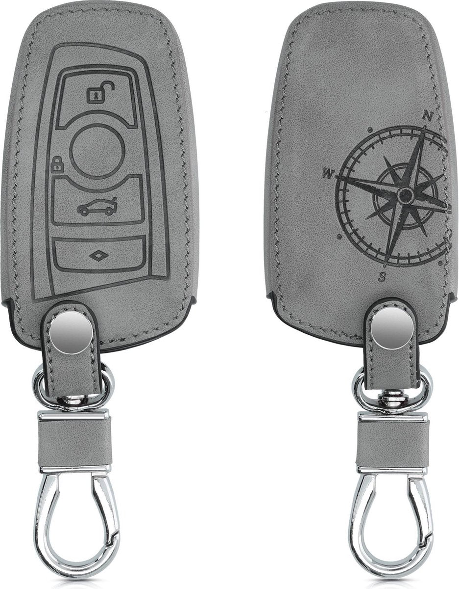 kwmobile autosleutelhoes voor BMW 3-knops draadloze autosleutel (alleen Keyless Go) - beschermhoes van imitatieleer - Vintage Kompas design - grijs