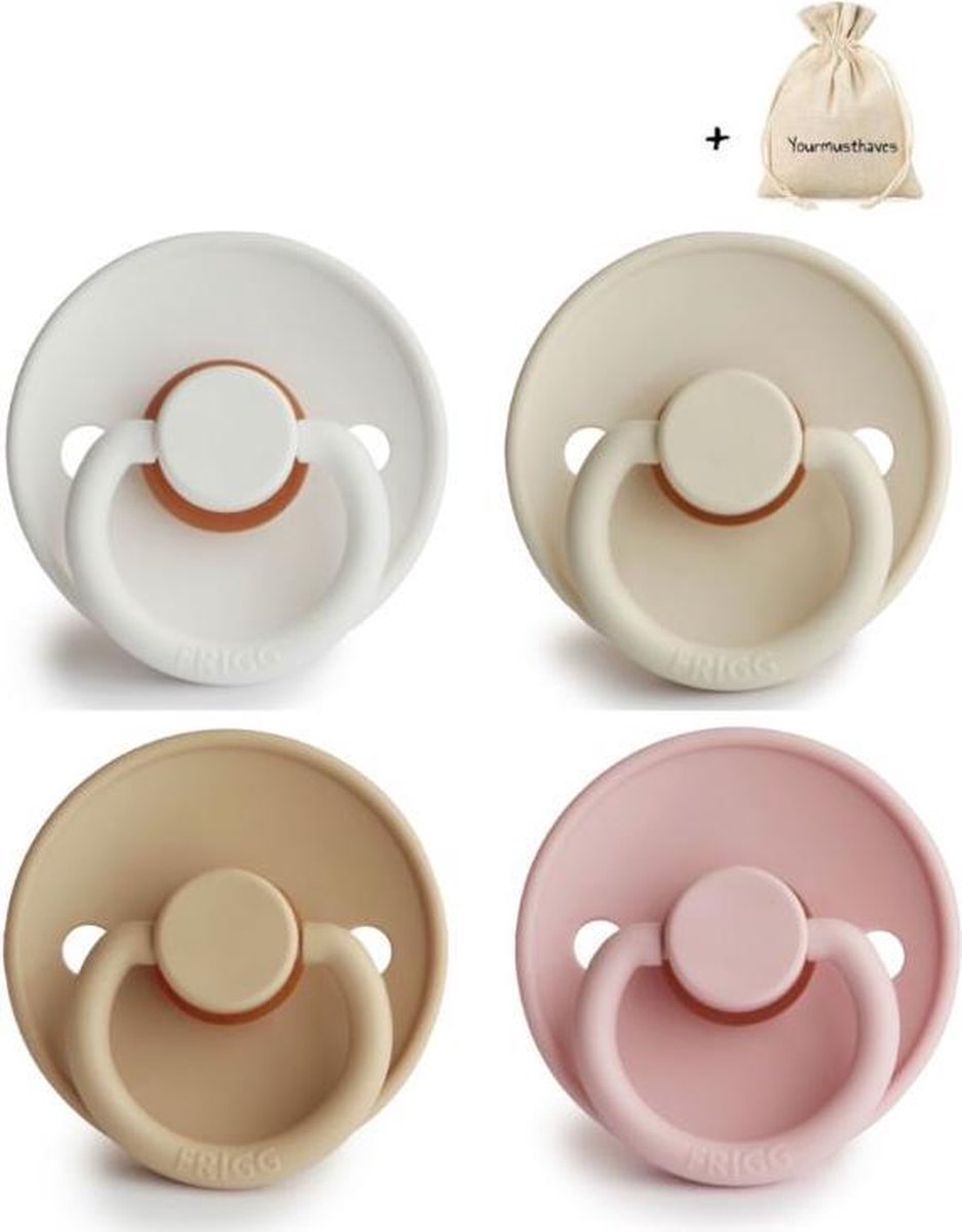 FRIGG | Fopspeen set 4 stuks | T2 | 6-18 maanden | Classic | Natuurrubber | Bright White + Croissant + Cream + Baby Pink | Met YOURMUSTHAVES speenzakje
