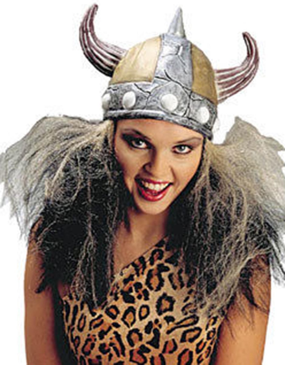 Zilverkleurige viking helm met haren voor volwassenen - Verkleedhoofddeksel