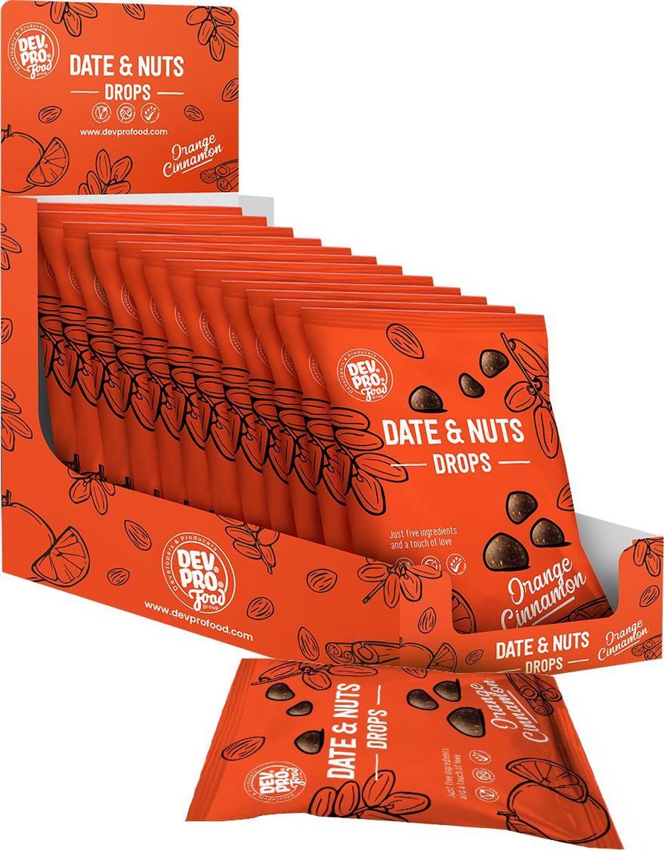 Dev. Pro. Dadels & Noten snoepjes -  sinaasappel kaneel smaak - 12 zakjes van 40 gram - handige SRP verpakking
